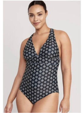 Women's Old Navy Black & White Patterned Halter One-Piece Swimsuit L